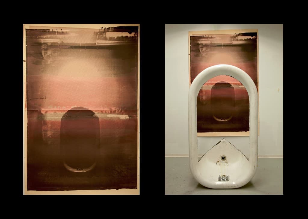 Diptych: layered screenprint in warm tones paired with a sculptural found-object installation