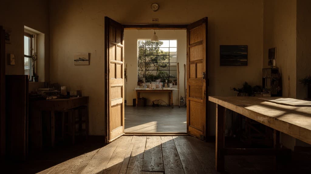 Open doorway into the studio — warm light, wooden floors, art supplies visible beyond